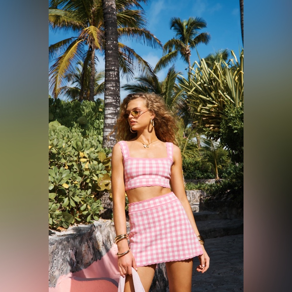 LoveShackFancy Muna Checkered Knit Mini Skirt In Pink Pearl, NWT, never worn.